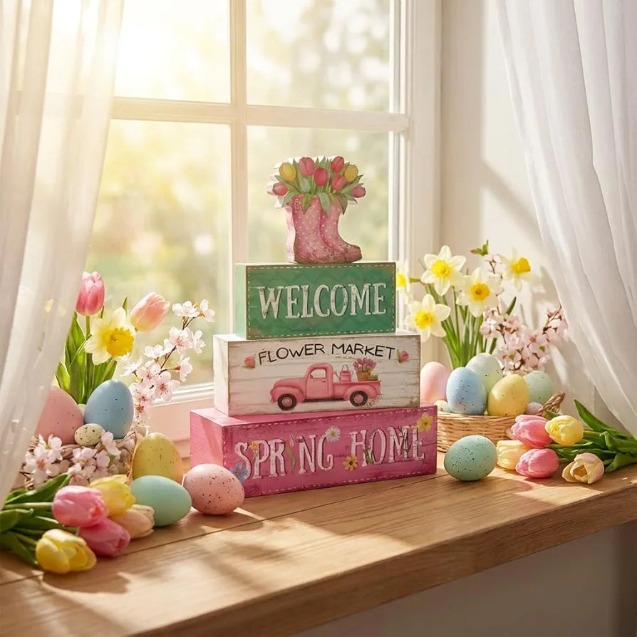 4-Piece Wooden Spring Farmhouse Tiered Tray Decor Set - Rain Boot Table Signs for Home and Office