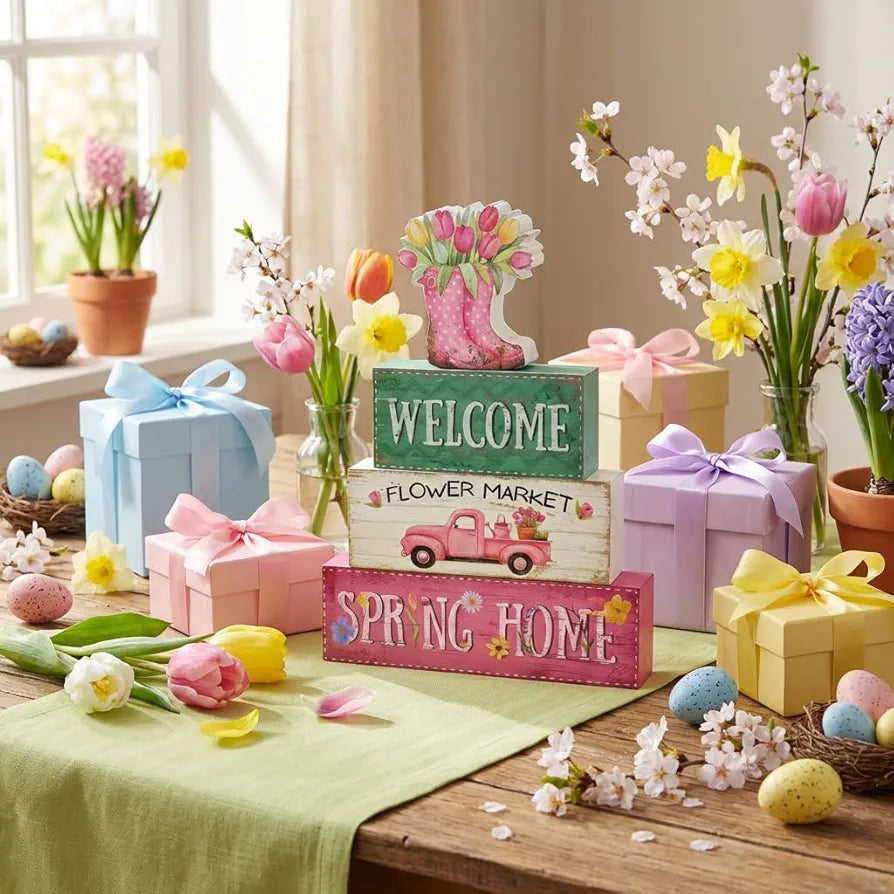 4-Piece Wooden Spring Farmhouse Tiered Tray Decor Set - Rain Boot Table Signs for Home and Office