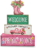 4-Piece Wooden Spring Farmhouse Tiered Tray Decor Set - Rain Boot Table Signs for Home and Office
