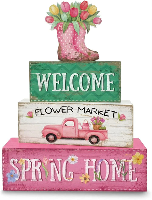 4-Piece Wooden Spring Farmhouse Tiered Tray Decor Set - Rain Boot Table Signs for Home and Office