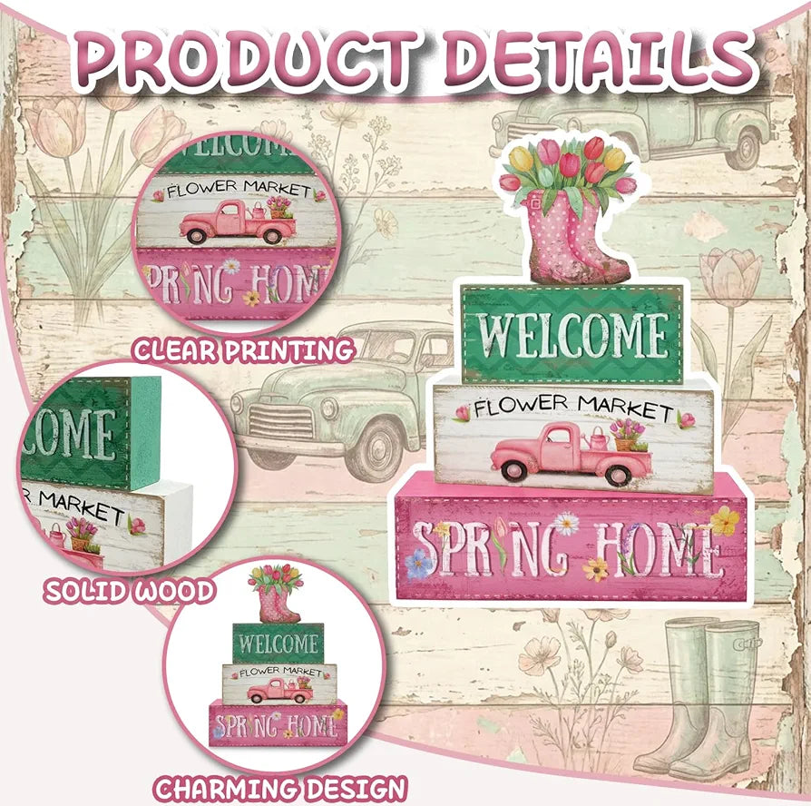 4-Piece Wooden Spring Farmhouse Tiered Tray Decor Set - Rain Boot Table Signs for Home and Office