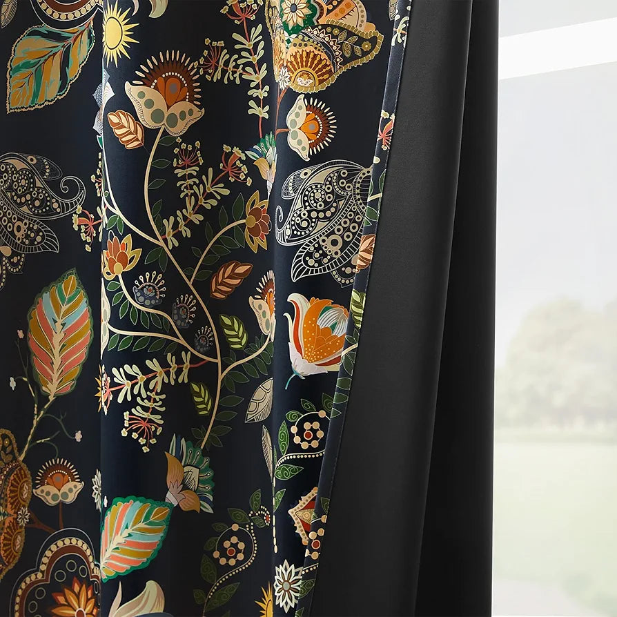 XiDi Navy Blue Vintage Floral Blackout Curtains, 52x84 Inch Thermal Insulated Boho Botanical Drapes for Living Room, 2 Panels