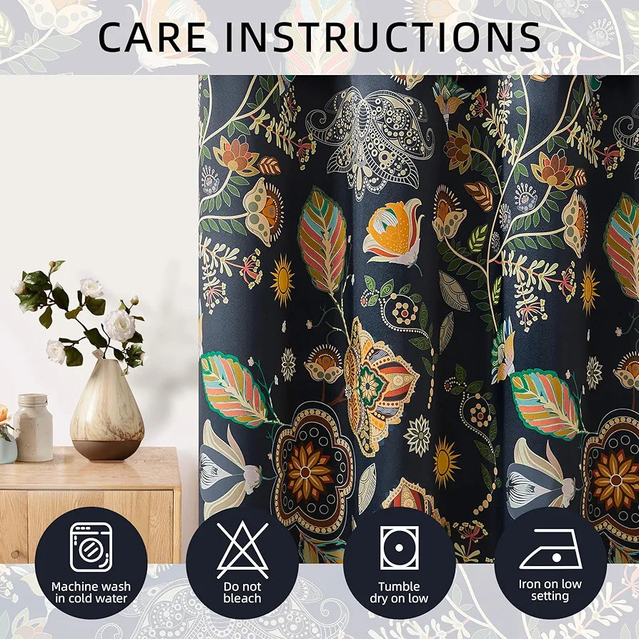 XiDi Navy Blue Vintage Floral Blackout Curtains, 52x84 Inch Thermal Insulated Boho Botanical Drapes for Living Room, 2 Panels