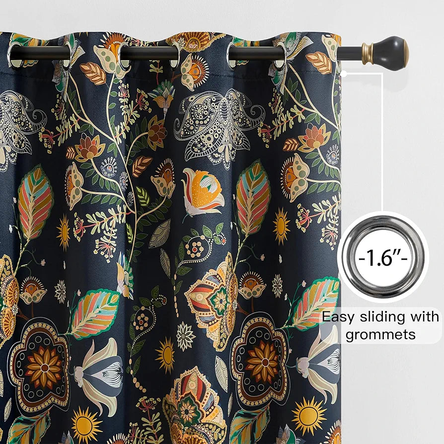 XiDi Navy Blue Vintage Floral Blackout Curtains, 52x84 Inch Thermal Insulated Boho Botanical Drapes for Living Room, 2 Panels