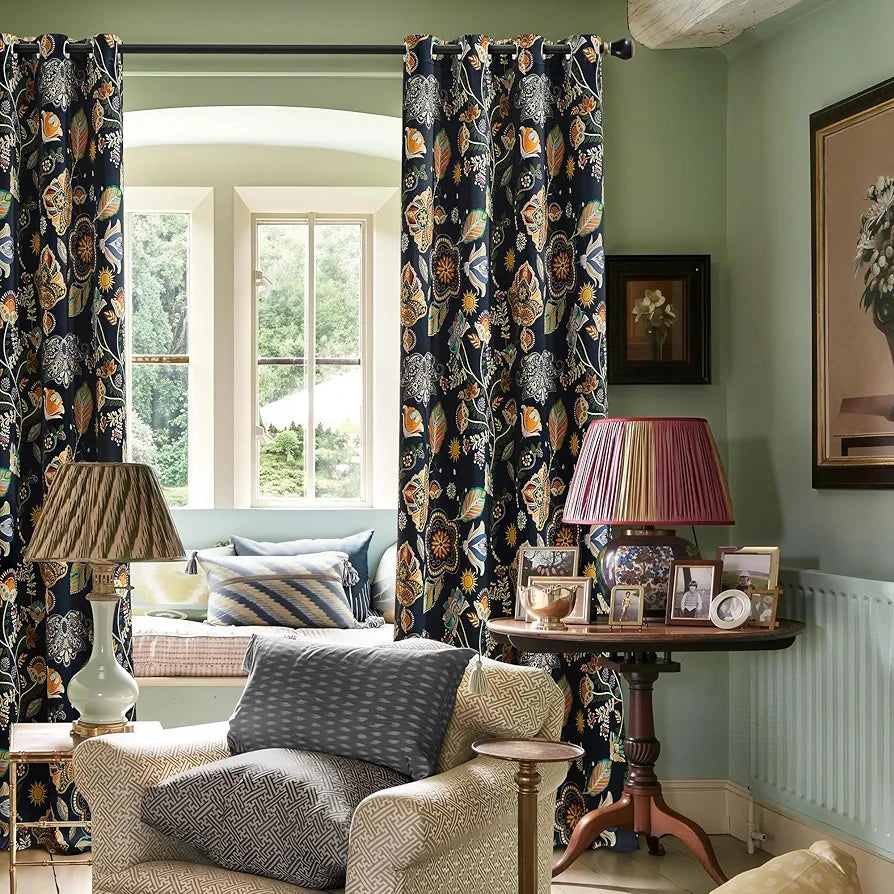 XiDi Navy Blue Vintage Floral Blackout Curtains, 52x84 Inch Thermal Insulated Boho Botanical Drapes for Living Room, 2 Panels