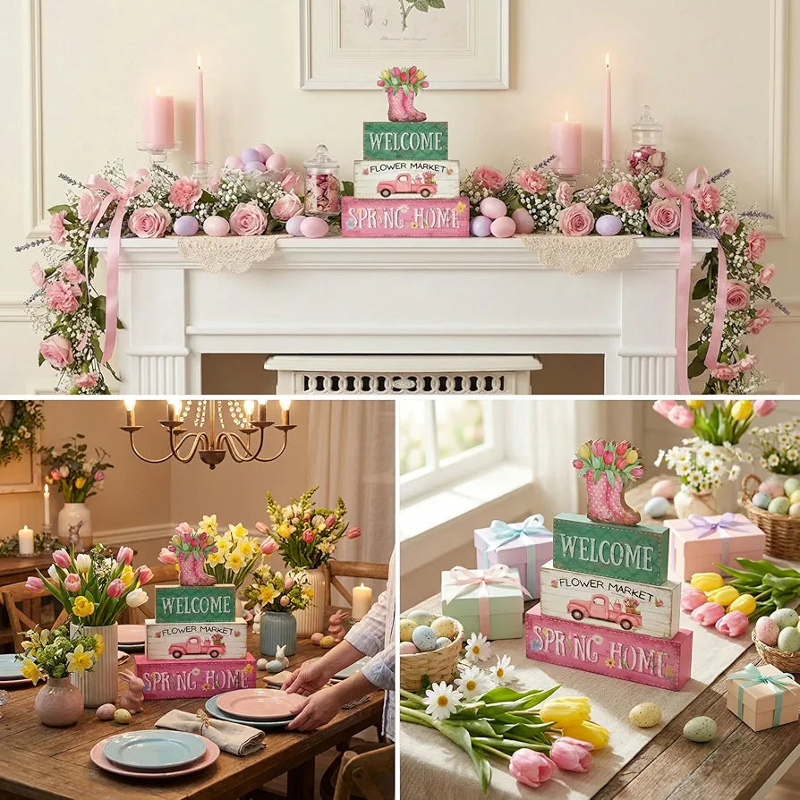 4-Piece Wooden Spring Farmhouse Tiered Tray Decor Set - Rain Boot Table Signs for Home and Office