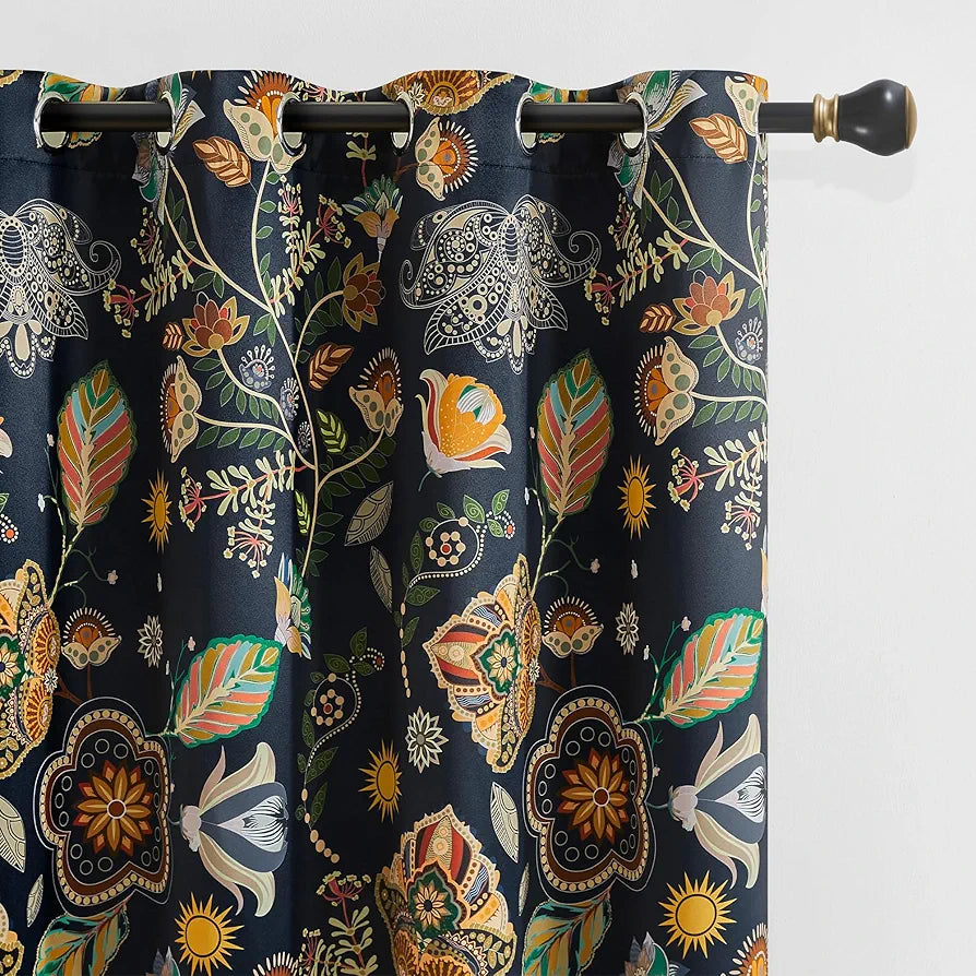 XiDi Navy Blue Vintage Floral Blackout Curtains, 52x84 Inch Thermal Insulated Boho Botanical Drapes for Living Room, 2 Panels