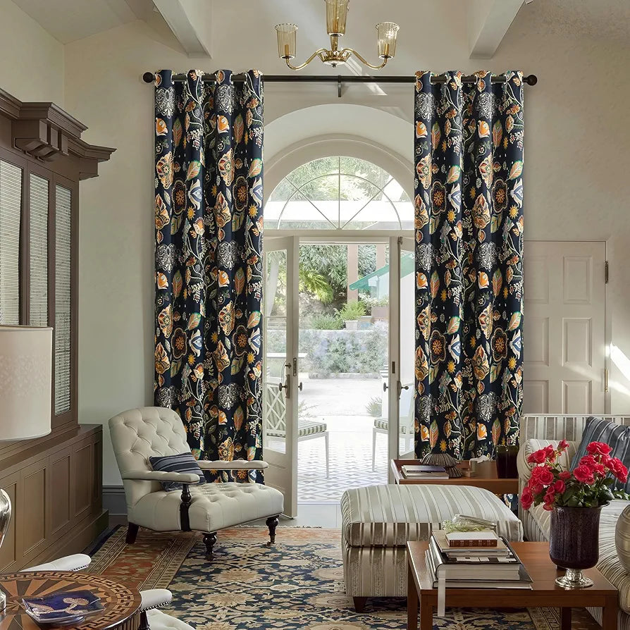 XiDi Navy Blue Vintage Floral Blackout Curtains, 52x84 Inch Thermal Insulated Boho Botanical Drapes for Living Room, 2 Panels