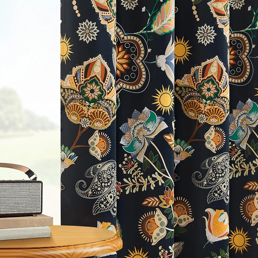 XiDi Navy Blue Vintage Floral Blackout Curtains, 52x84 Inch Thermal Insulated Boho Botanical Drapes for Living Room, 2 Panels